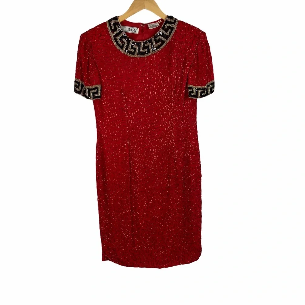 AJ Bari Vintage red silk beaded dress - Picture 1 of 10